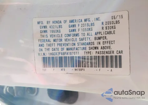 2015 Honda Accord Ex-L from USA, damaged, VIN 1HGCR2F88FA197077